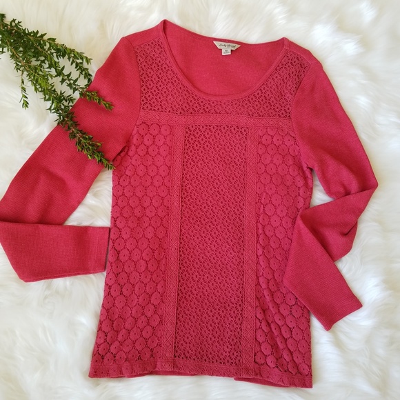 5/$30 Lucky Brand Coral Red Crochet Overlay Top - Picture 2 of 8